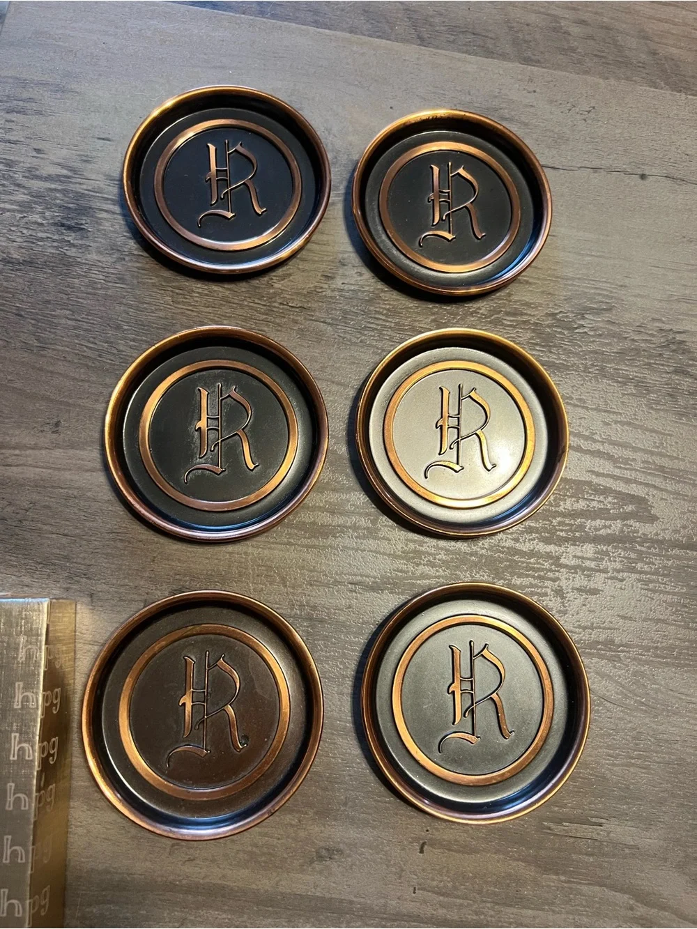 Hyde Park Monogrammed Metal Coasters Set two tone- Copper & Black letter “R”